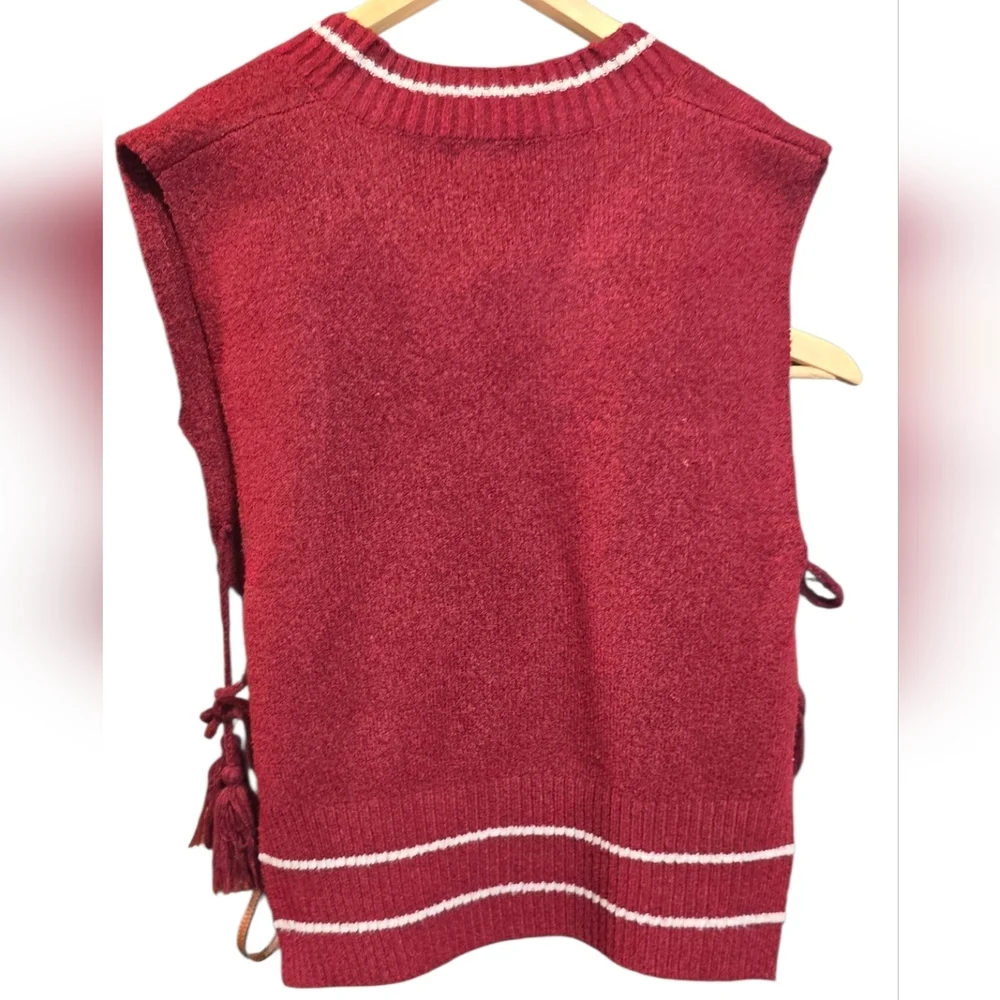 Free People Burgandy V-Neck All-star Poncho Oversized Vest with Tassels